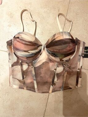 Sheer Sculpted Bustier Crop Top in Neutral Multi